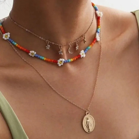 NEW! Dainty “Poppy” Beaded Rainbow Flower Necklace - Picture 1 of 11